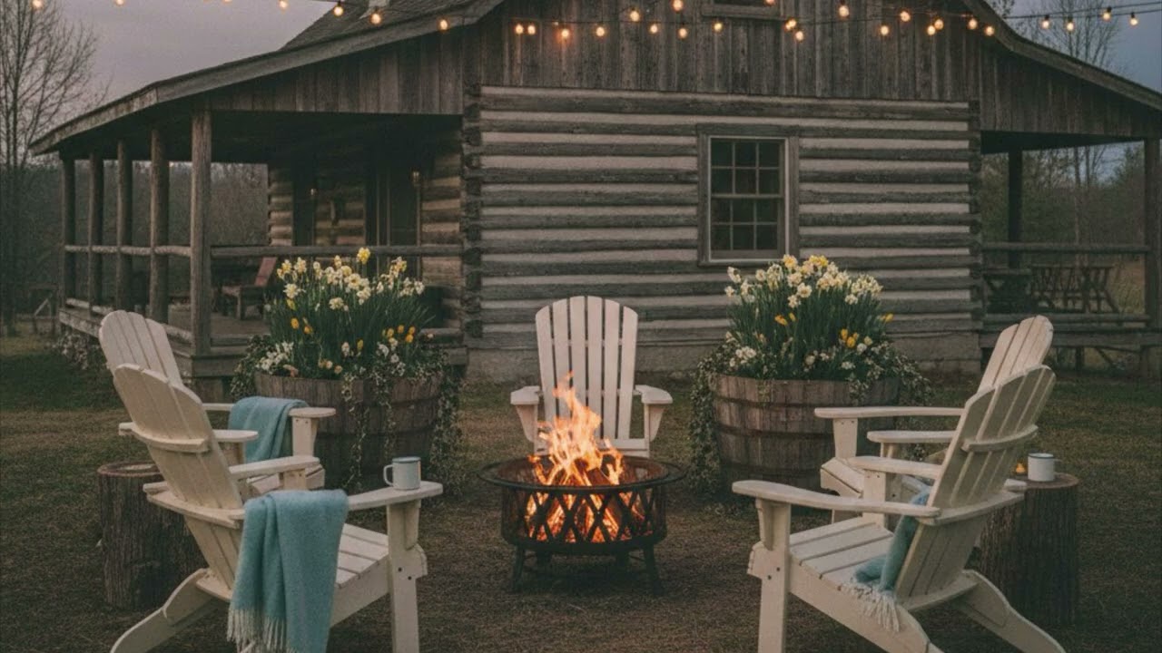 🔥 Cozy Home | Rustic Cabin Fire Pit | Early Spring Evening | Relaxing Outdoor Screensaver