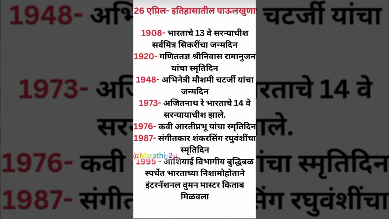 "26 एप्रिल | इतिहासातील सुवर्ण क्षण |Todayin History Marathi |