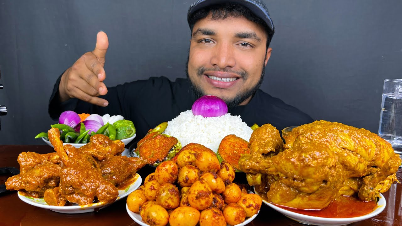 ASMR EATING SPICY MUTTON CURRY , WHOEL CHICKEN CURRY AND LOST OF EGGS WITH RICE , EATING SHOW