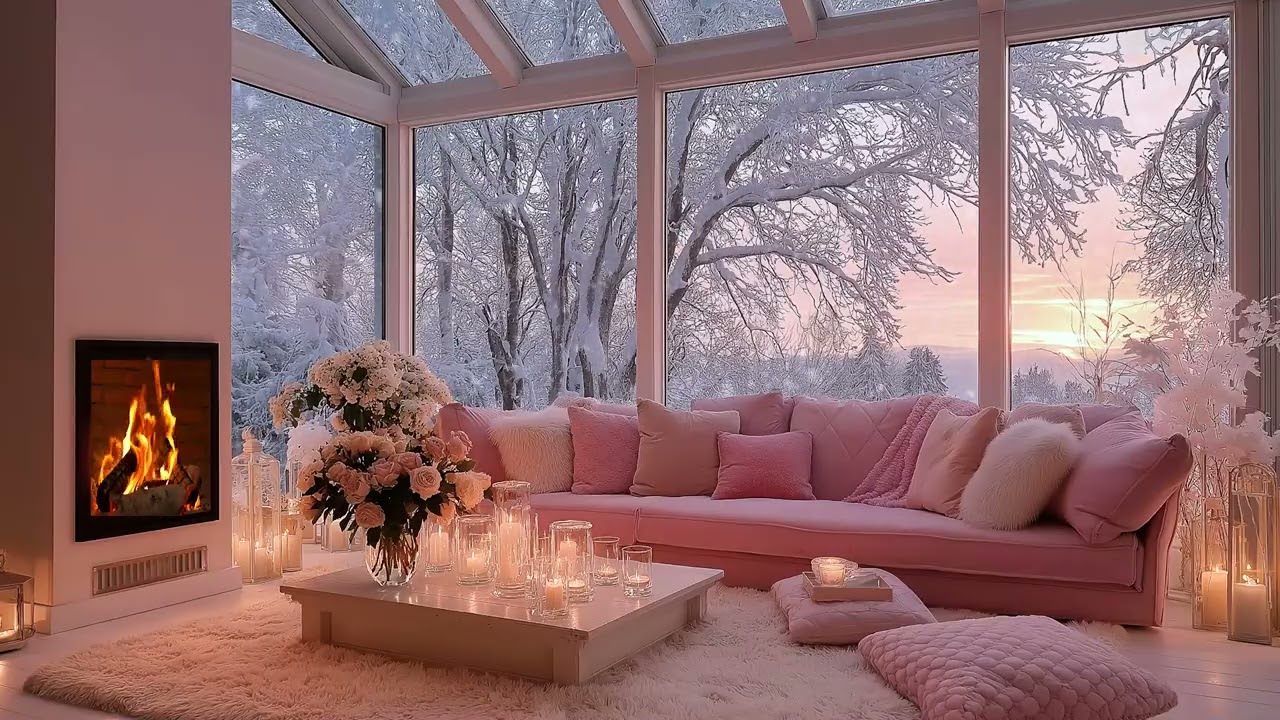 Soft Pink Winter Room Ambience ❄️ Gentle Piano Music & Cozy Fireplace Sounds for Sleep & Relax