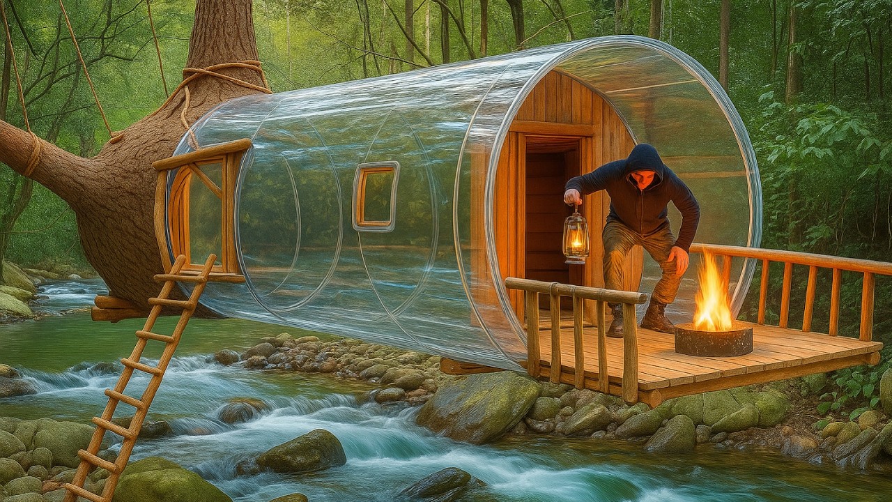 I Built a Cozy Transparent House Above the River - Survive Alone in the Wild | Huri buscarft