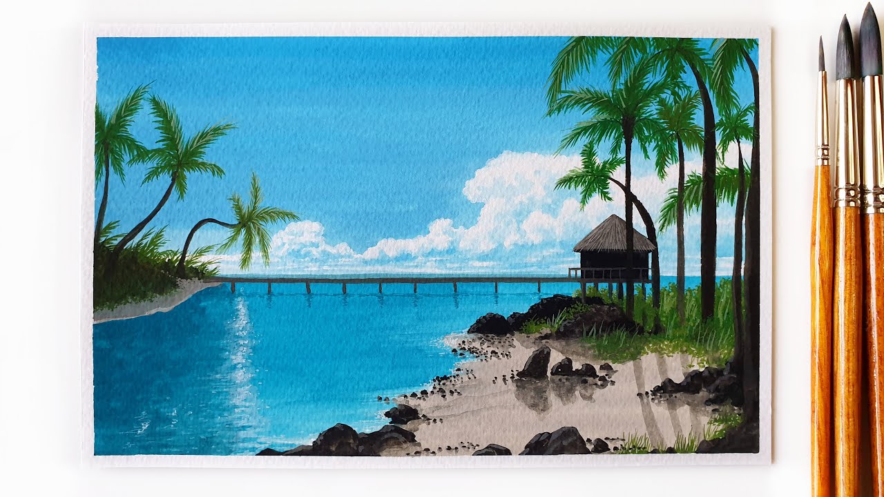 Seascape Painting ｜ Poster Color Painting ｜ Ocean Beach Scenery