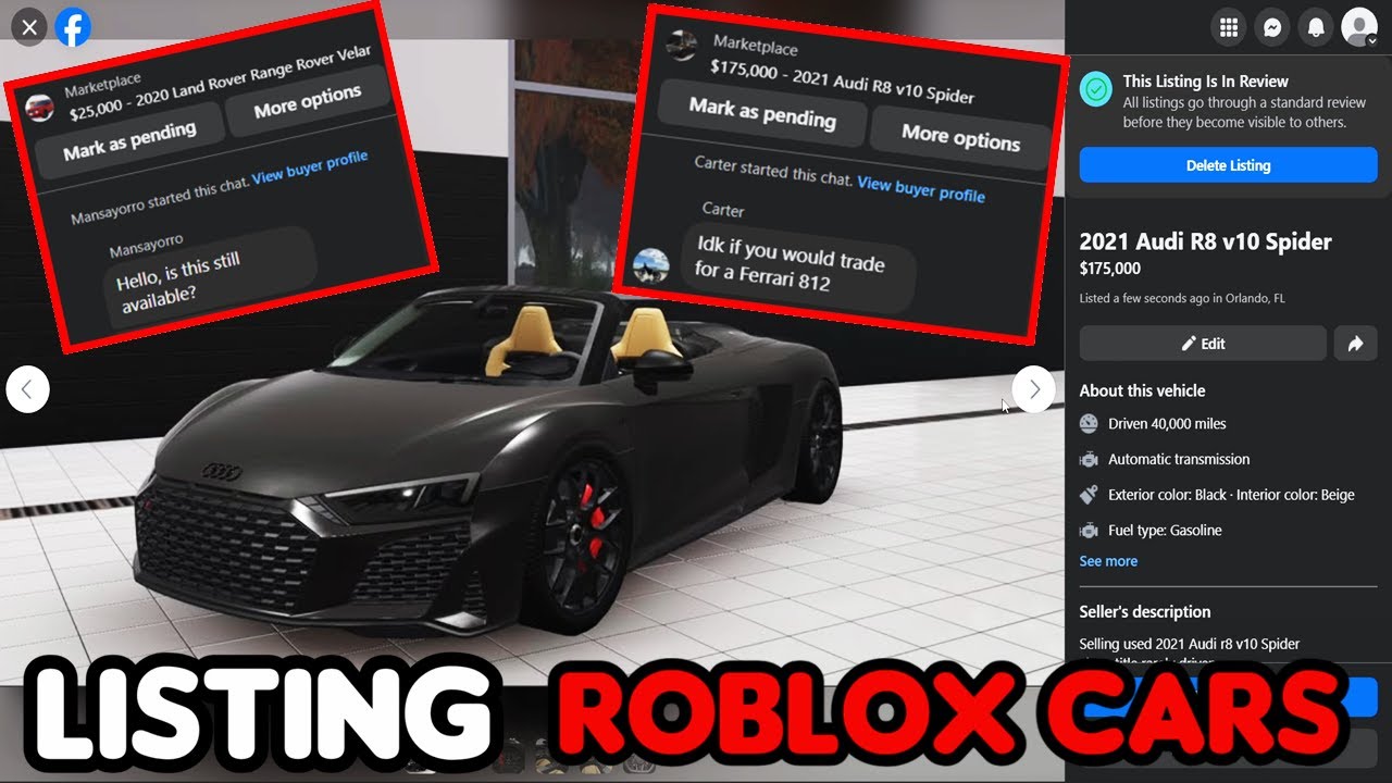 Размещение машин Roblox Greenville на торговой площадке FACEBOOK