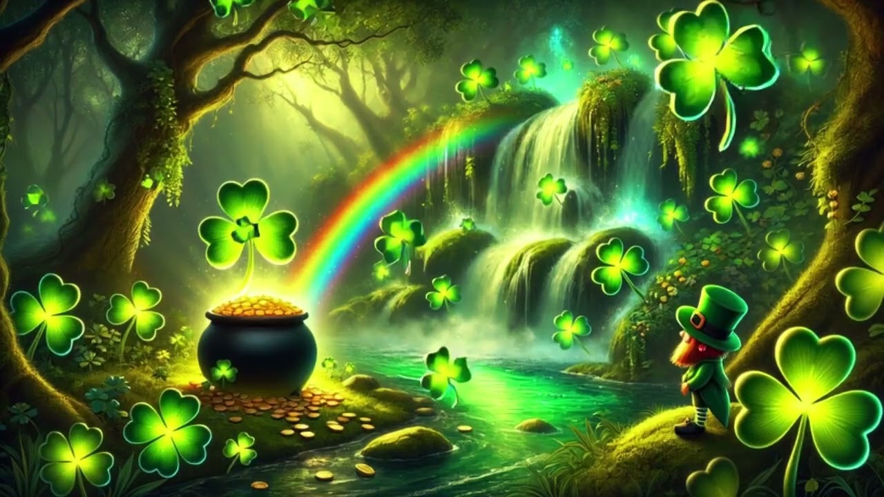 Dreamy Soft Guitar Music 🍀 St. Patrick&rsquo;s Day Leprechaun Waterfall Rainbow for Focus & Relaxation