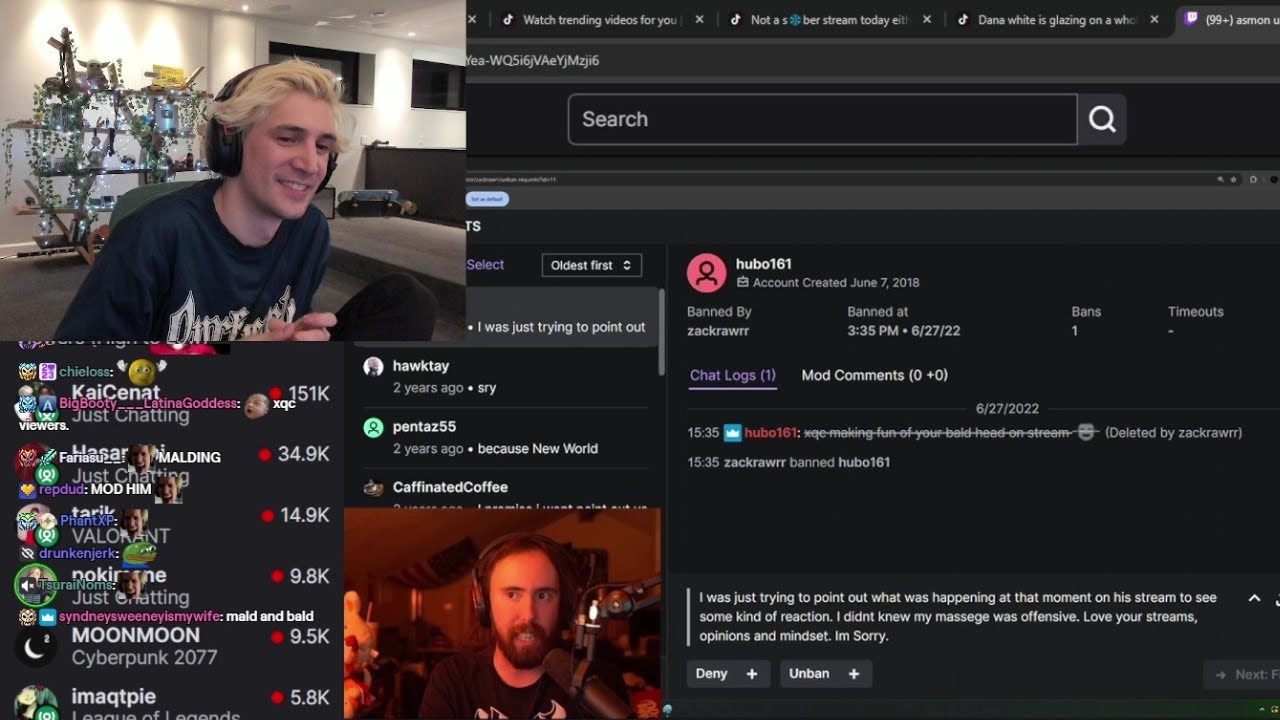 xQc отреагировал на то, что Asmongold разбанил одного из своих зрителей