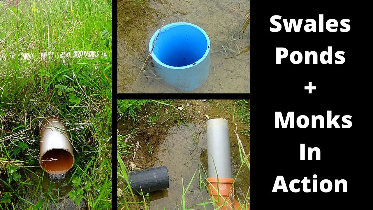 Permaculture earthworks in action. Adjustable swales, ponds and pipe monks/swivel pipes after rain.