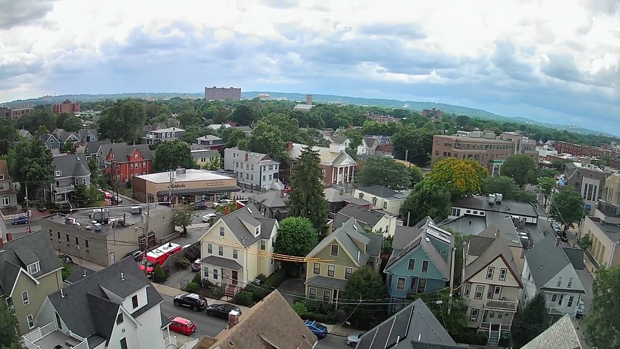 Drone flight over Somerville MA in light rain 4 Aug 2024