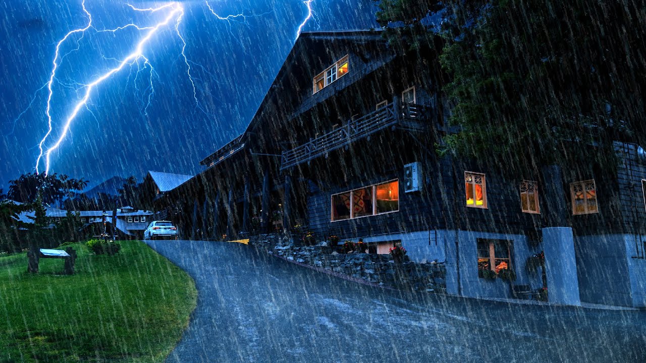 Сильный ливень и сильный гром в старом доме, чтобы мгновенно заснуть, звуки дождя для сна ночью