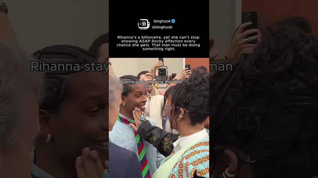 rihanna sweetly cupping a$ap rocky's face during a crowded event #rihanna #asaprocky