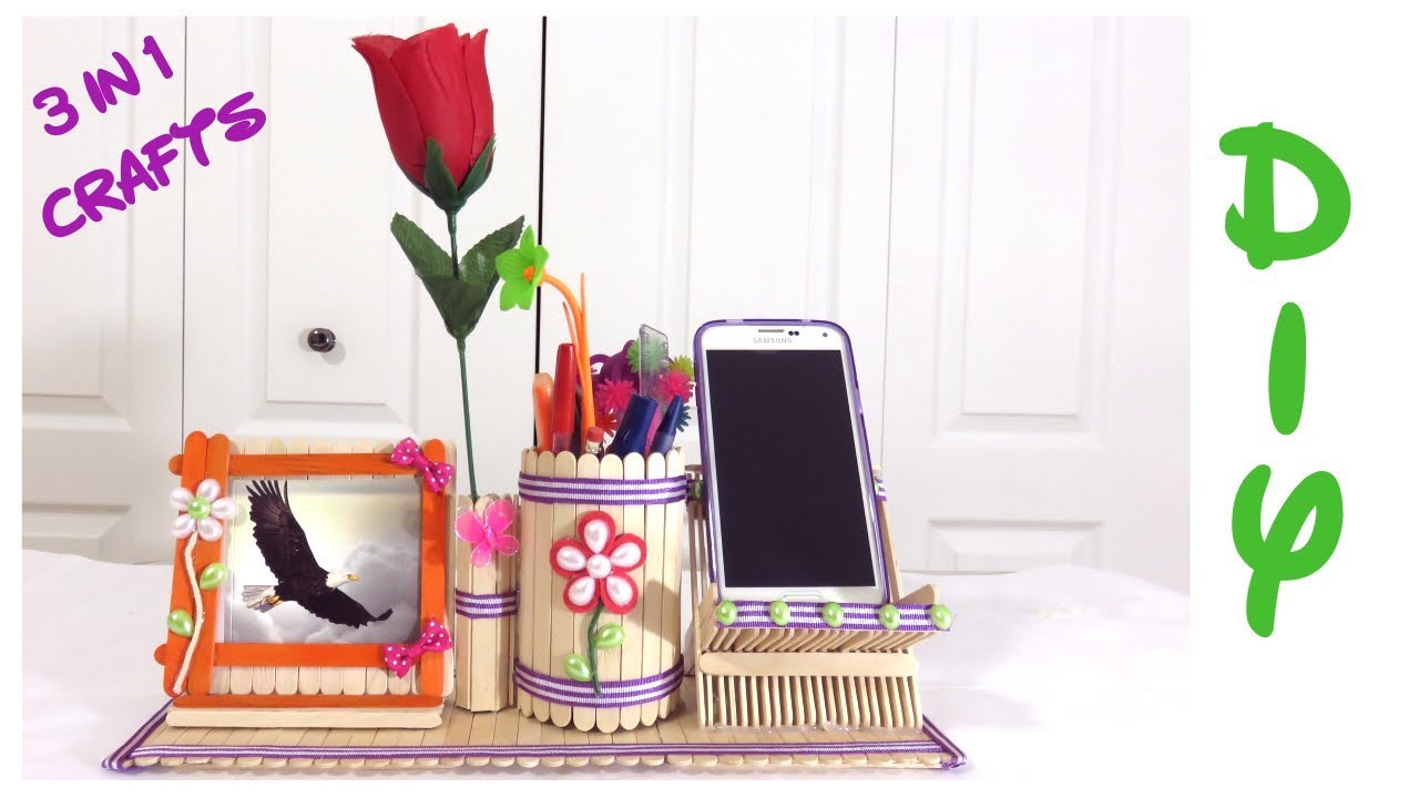 DIY Desk Organizer | Popsicle sticks 3 in 1 Crafts | Popsicle Sticks pen holder & Mobile Phone stand