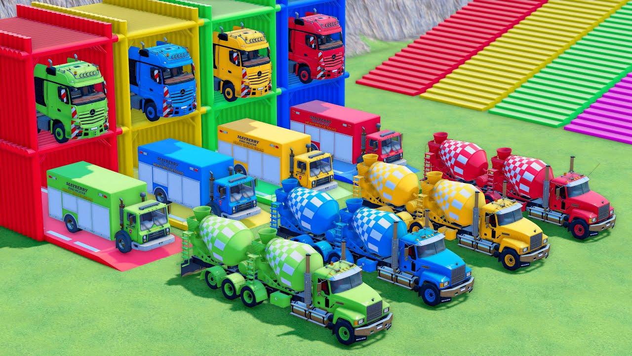 ALL COLORED MIXER TRUCK, FIRE TRUCK, MERCEDES, MACK, SCANIA TRANSPORTING WITH FLATBED TRAILER TRUCK