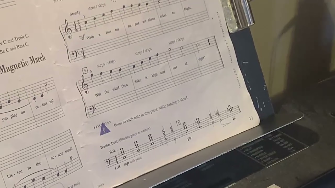 Paper Airplane. Page 17. Faber. Lesson. Book 1. W/count off & drum beat. Note names, lyrics.