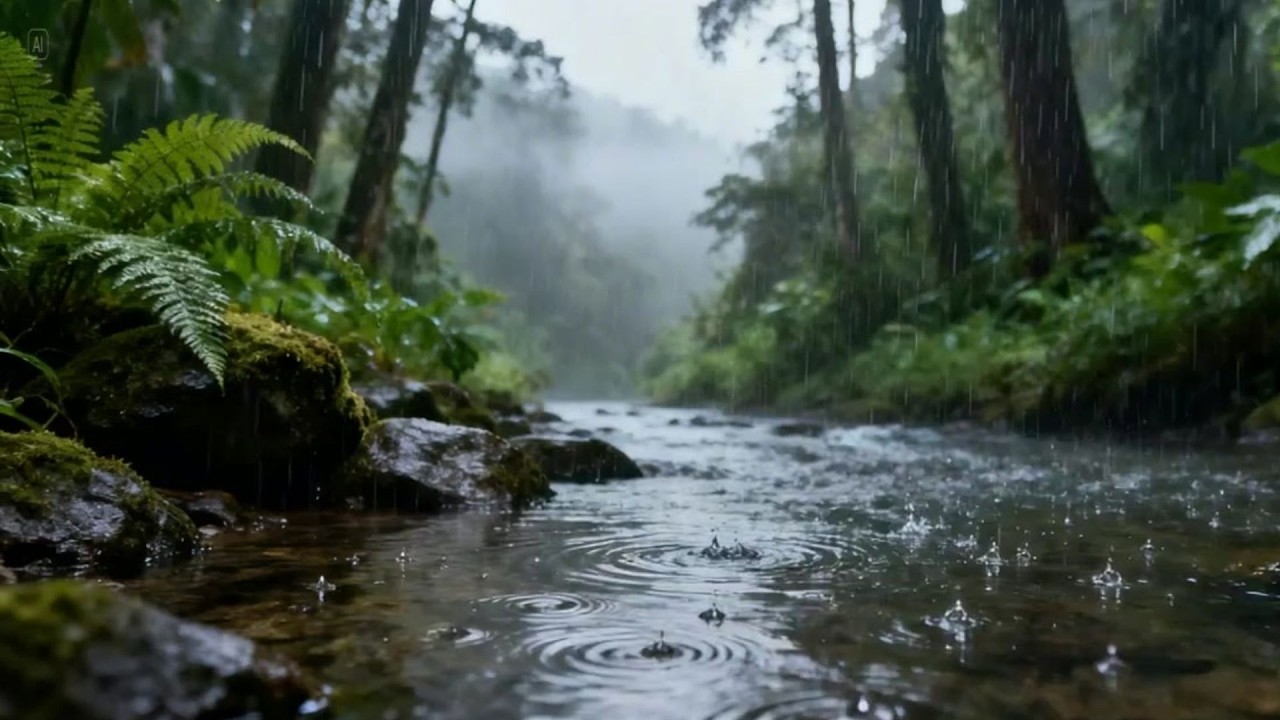 Heavy Rain in river |I Relaxing Piano Music for Fall asleep, Focus, Study & Meditation