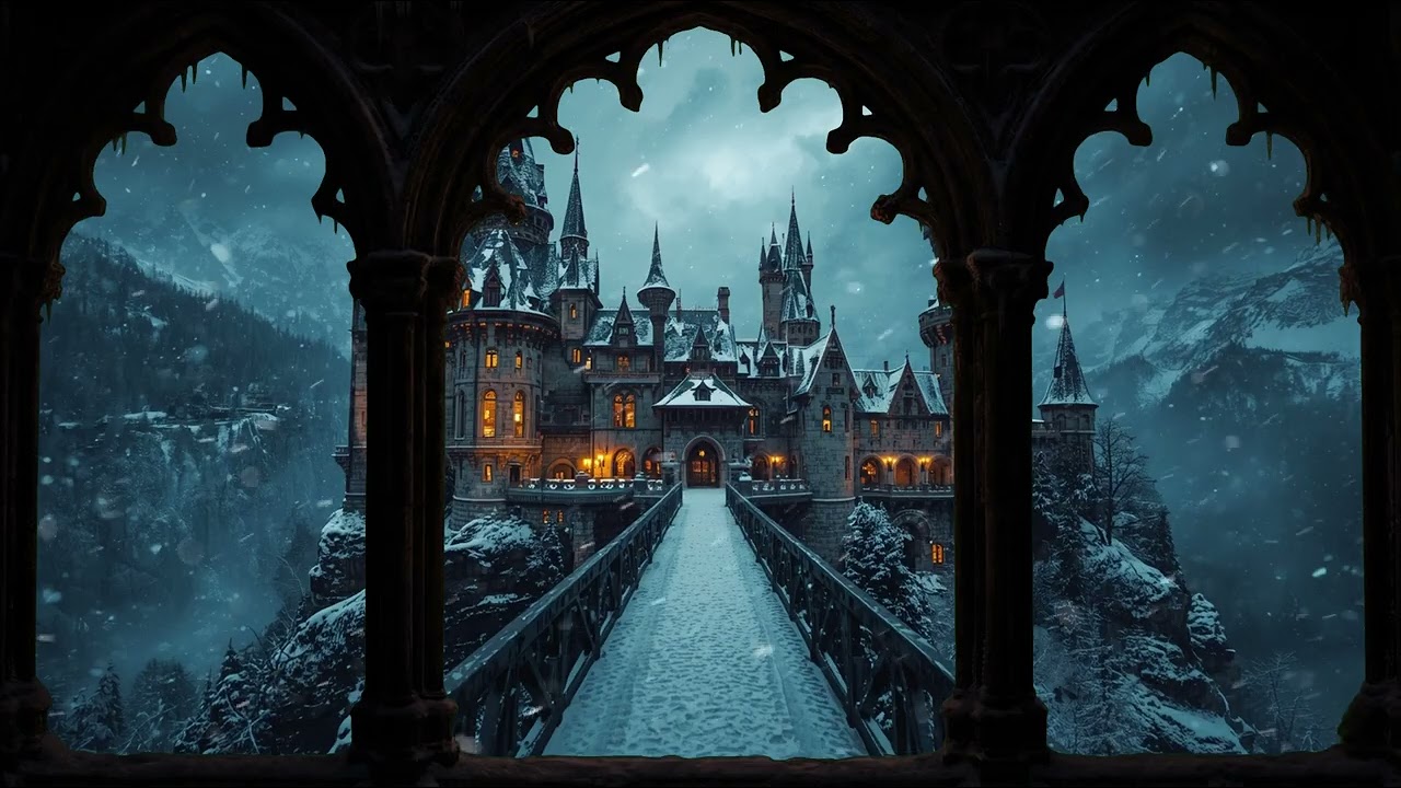 4K Snowy Castle Beyond the Window ❄️ Cozy Fantasy Ambience