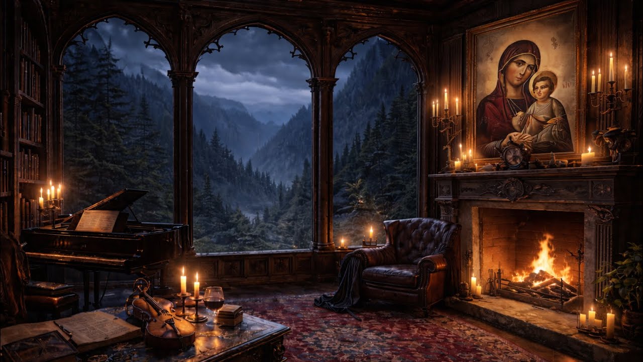 🔥🌲🎹 Cozy Mountain Fireplace Ambience | Sacred Piano & Forest Valley at Night (3 Hours)