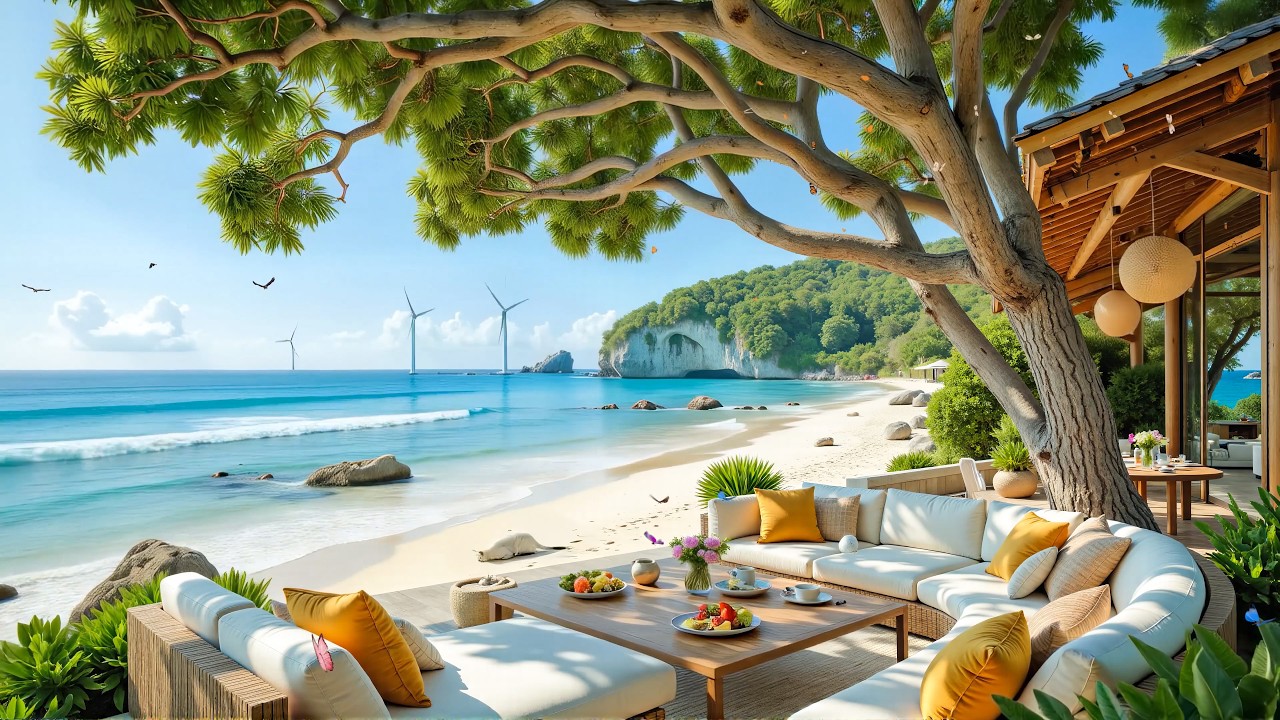 Beautiful Beach Café View 🌊 Relaxing Bossa Nova Music & Ocean Breeze