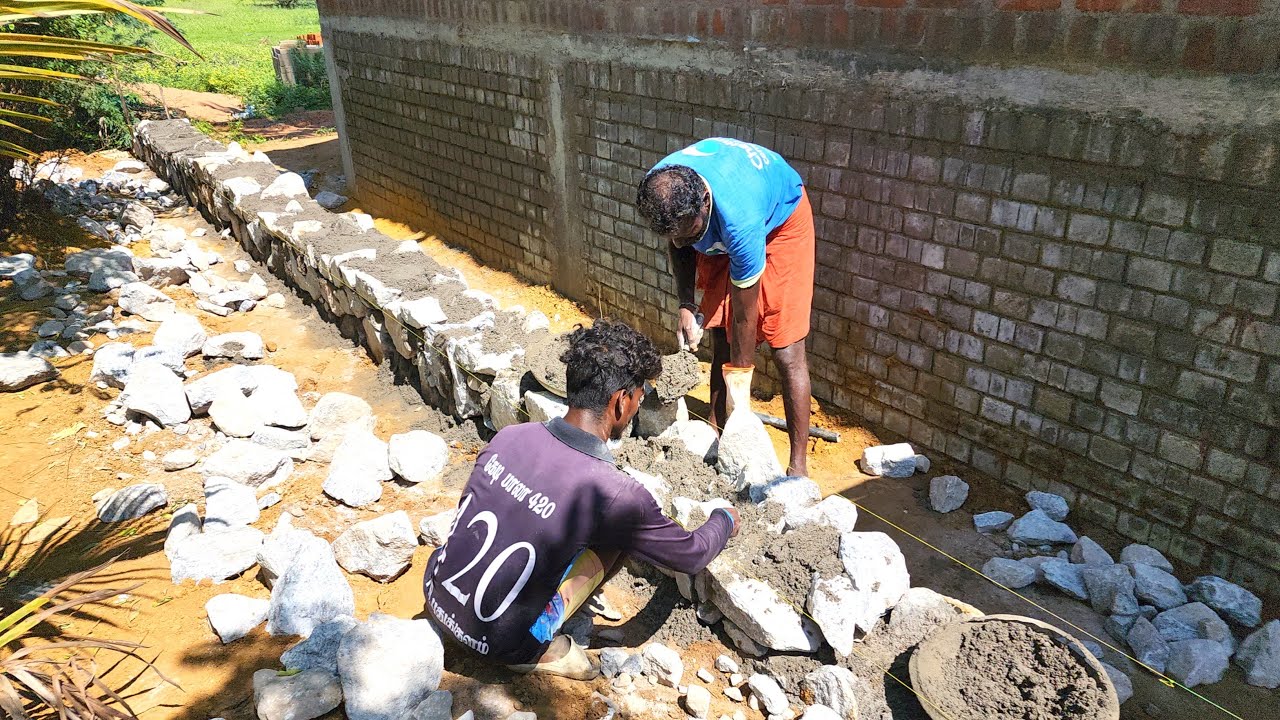 WoW Excellent! Compound Wall Stone Masonry-House Build Compound Wall Stone Masonry Work-Sand cement