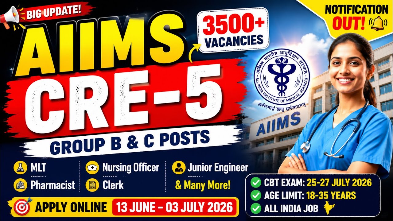 AIIMS CRE 5 Recruitment 2026 | 3500+ Vacancies |MLT, Nursing, Pharmacist,Clerk & More | Apply Online