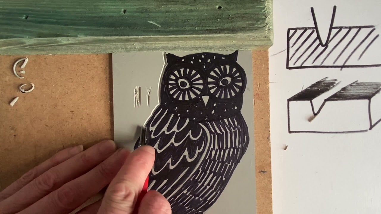 Owl Lino print- using a lino cutter with bench hook