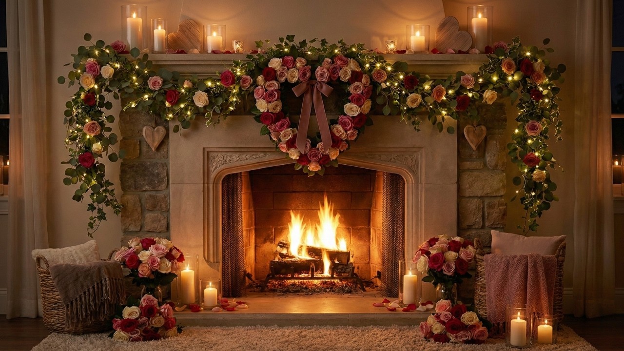 Valentine’s Day Fireplace ❤️ Crackling Fire Sounds (ASMR) & Roses 🌹Cozy Ambience