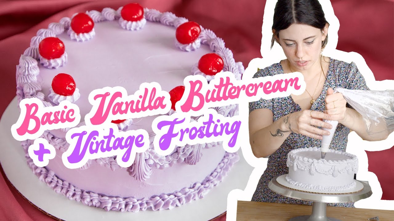 dairy-free vanilla buttercream + vintage cake decorating| aesthetic cute frosting with cherries