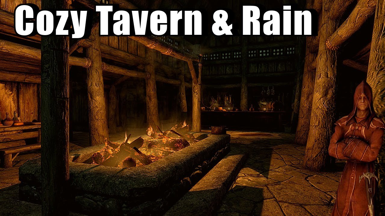 10 Hours Cozy Skyrim Tavern ambience with Rain Outside for Sleep