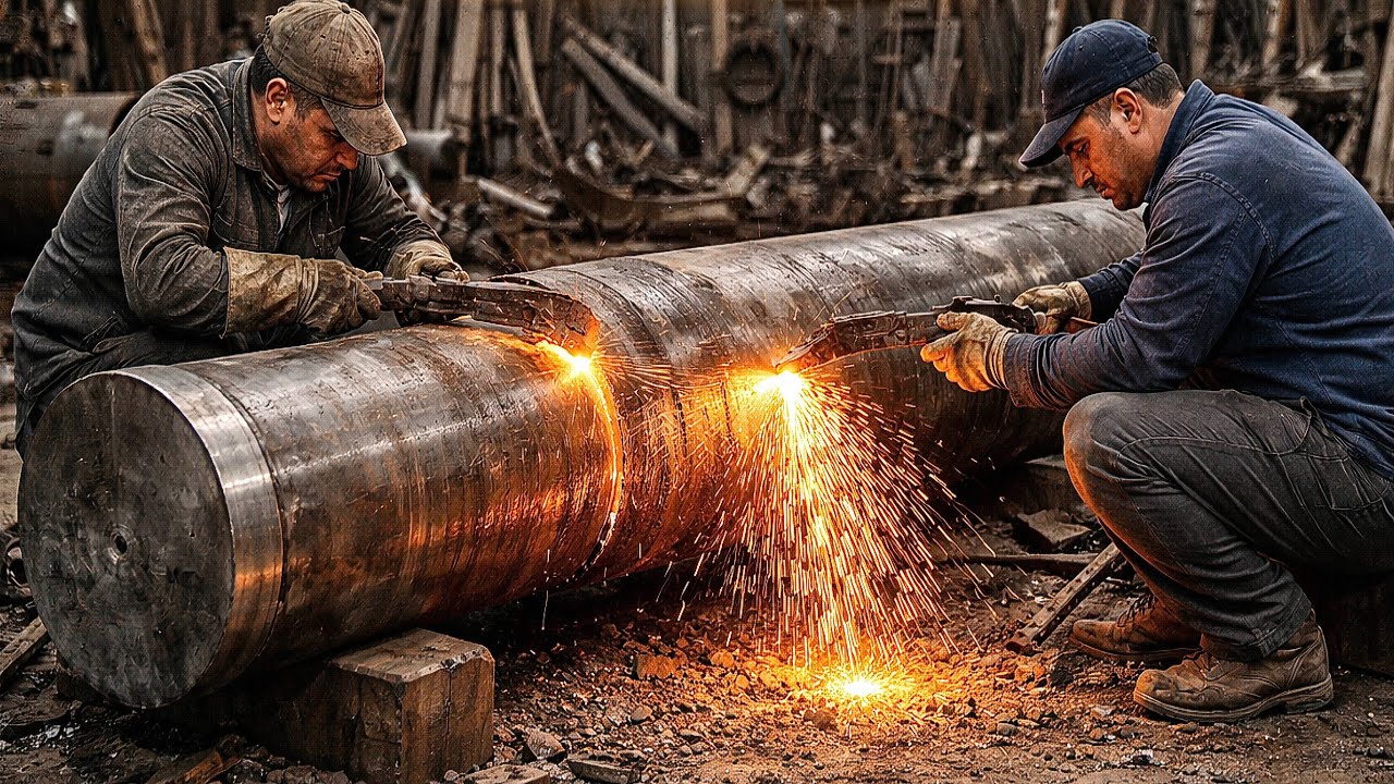 Old Shaft Cut, Heated in Furnace, Hammered & Machined into a New Shaft | Dangerous Work