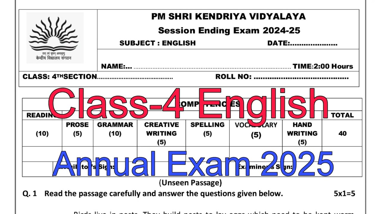 Class-4 English / Annual Exam Question Paper / Session 2024-25 / Session Ending Exam for KV students