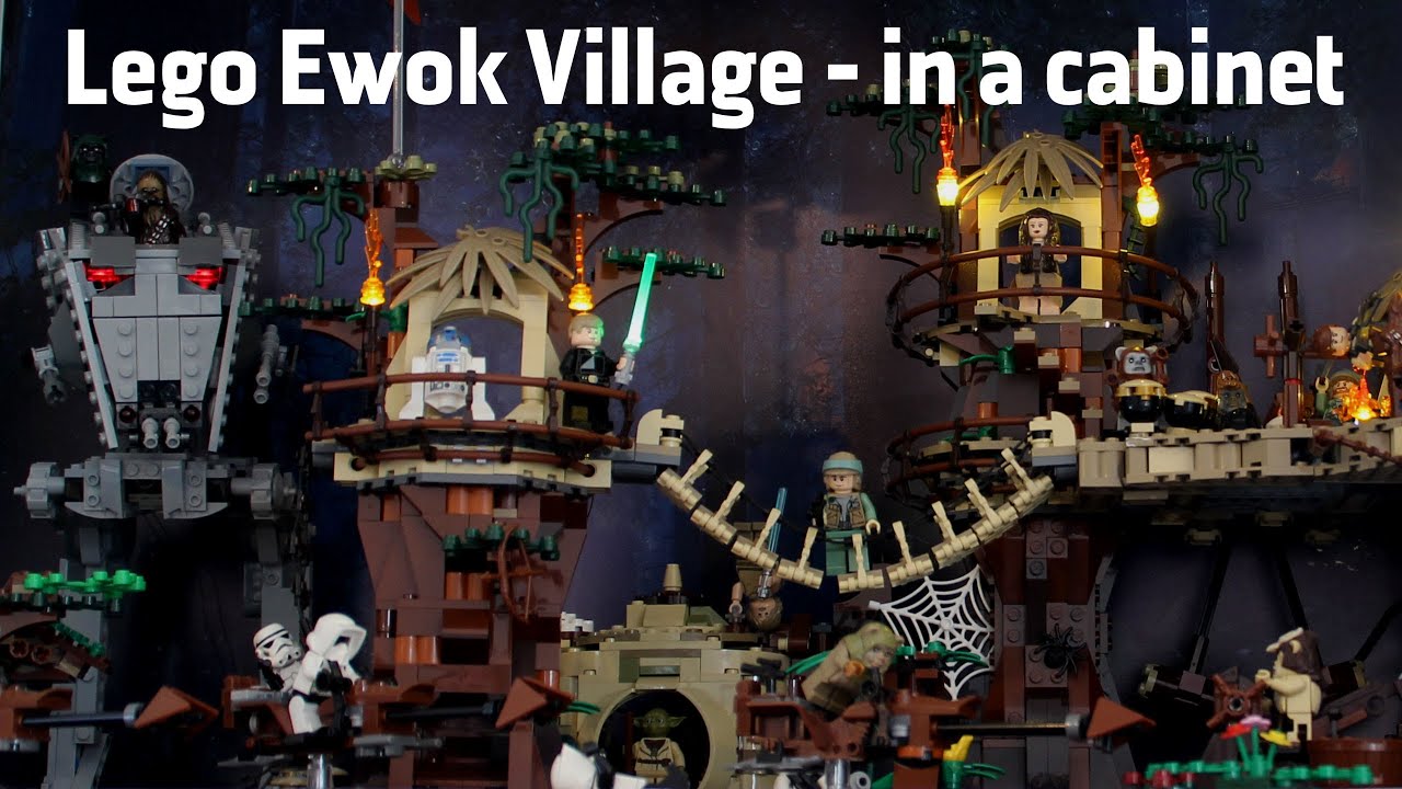 Lego Ewok Village Diorama with light - inside an Ikea cabinet