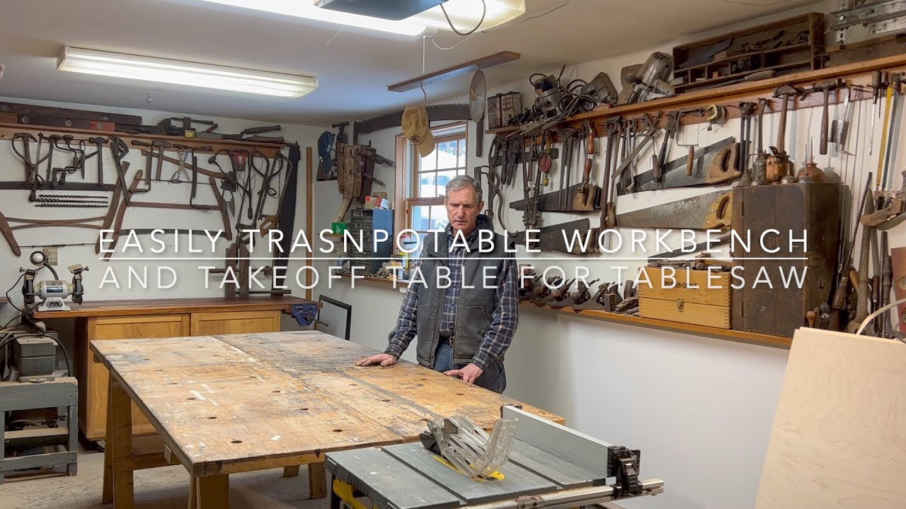 Easily portable workbench and takeoff table for tablesaw