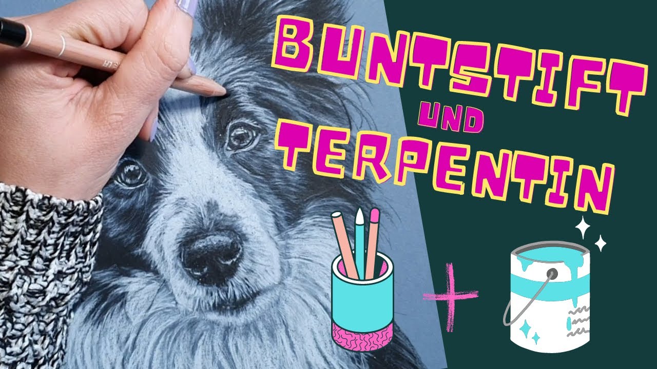 Hund in schwarzweiß zeichnen und Buntstift mit Terpentinersatz verblenden