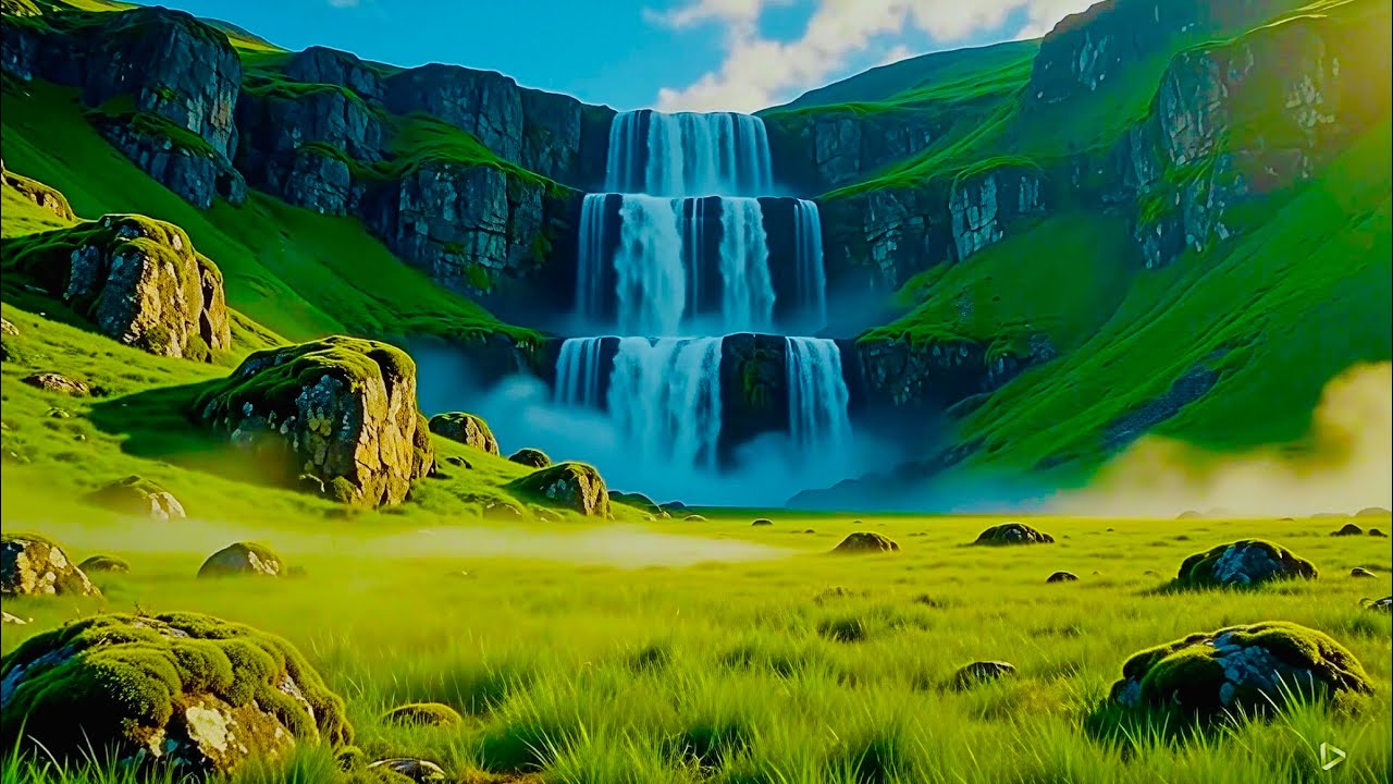 Massive Waterfall in Peaceful Valley | Relaxing Waterfall Sounds for Sleep, Study & Meditation