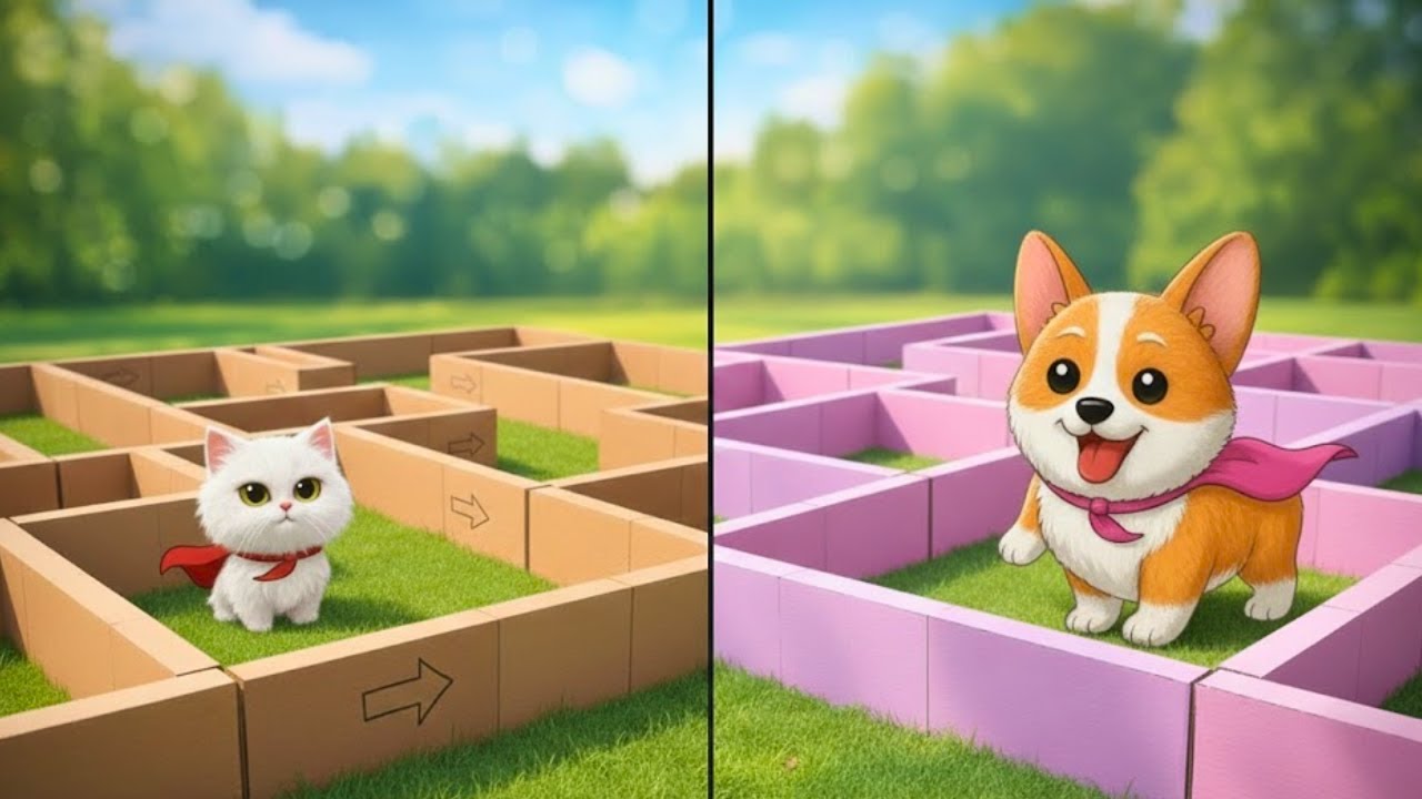 🐕‍🦺 Superhero Dog & Cat Maze Challenge! DIY Fun 😻📦