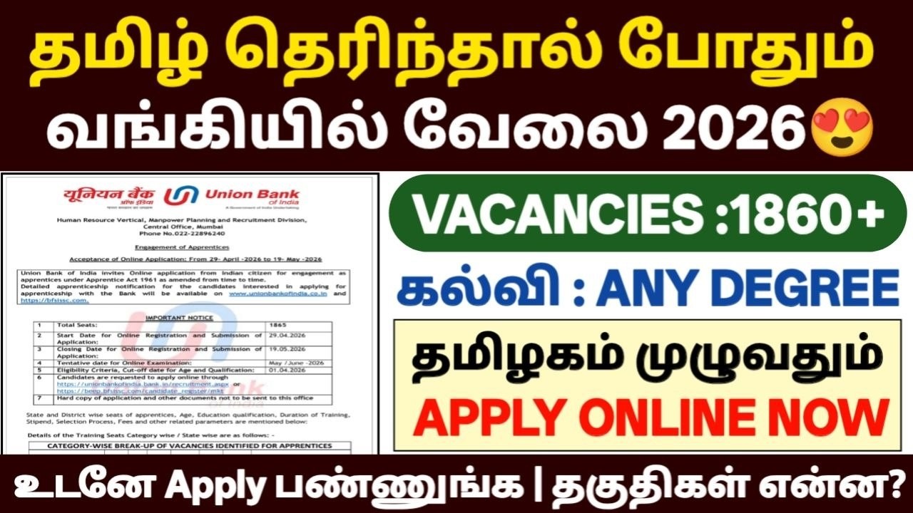 தமிழ் தெரிந்தால் போதும் பிரபல வங்கியில் வேலை 2026 | 🔴Union Bank of India Recruitment 2026