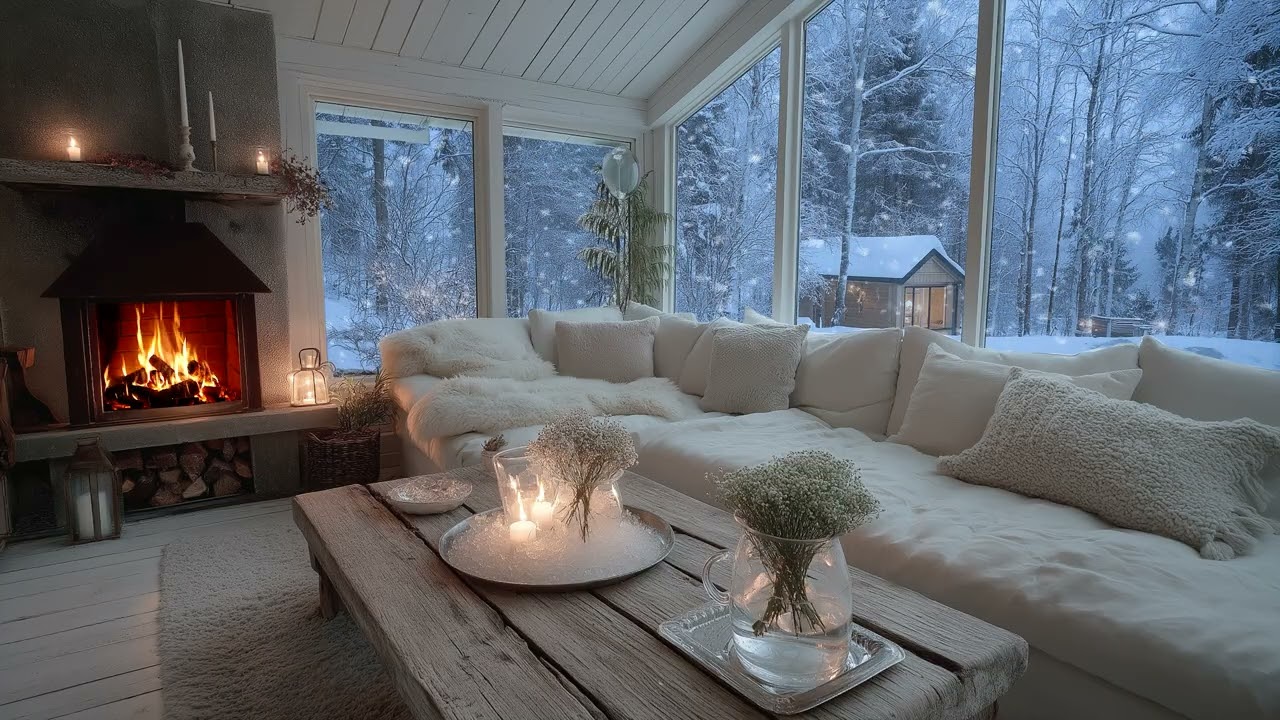 🌸❄️4 Hours of Cozy Winter Lounge  Soft Piano, Flowers & Glowing Fire for Relaxation, Sleep & Focus