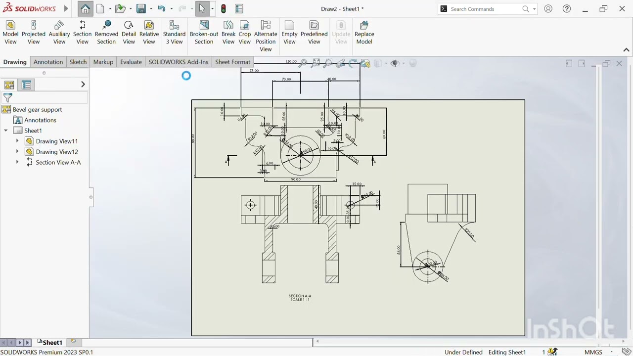 sectional front view, side view and top view of bevel gear support.