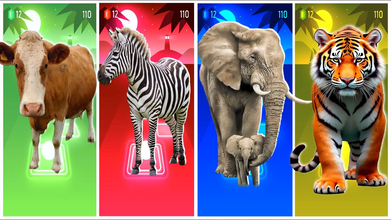 Funny Cow🐂🆚Funny Zebra🦓🆚Funny Elephant🐘🆚Funny Tiger🐅🔴Tiles Hop EDM Rush #animals #tileshop #gaming