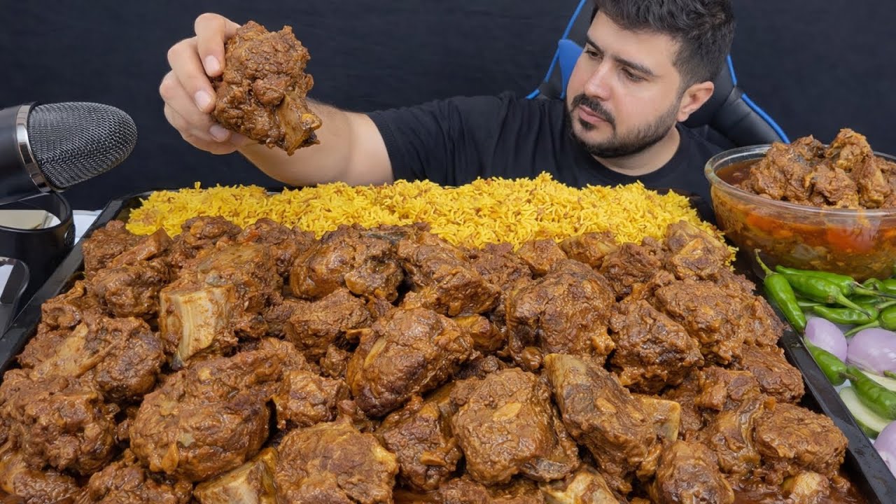 ASMR Eating Spicy Mutton Curry with Masala rice Extra Gravy Green Chili Raw Onion Salad Real Mukbang