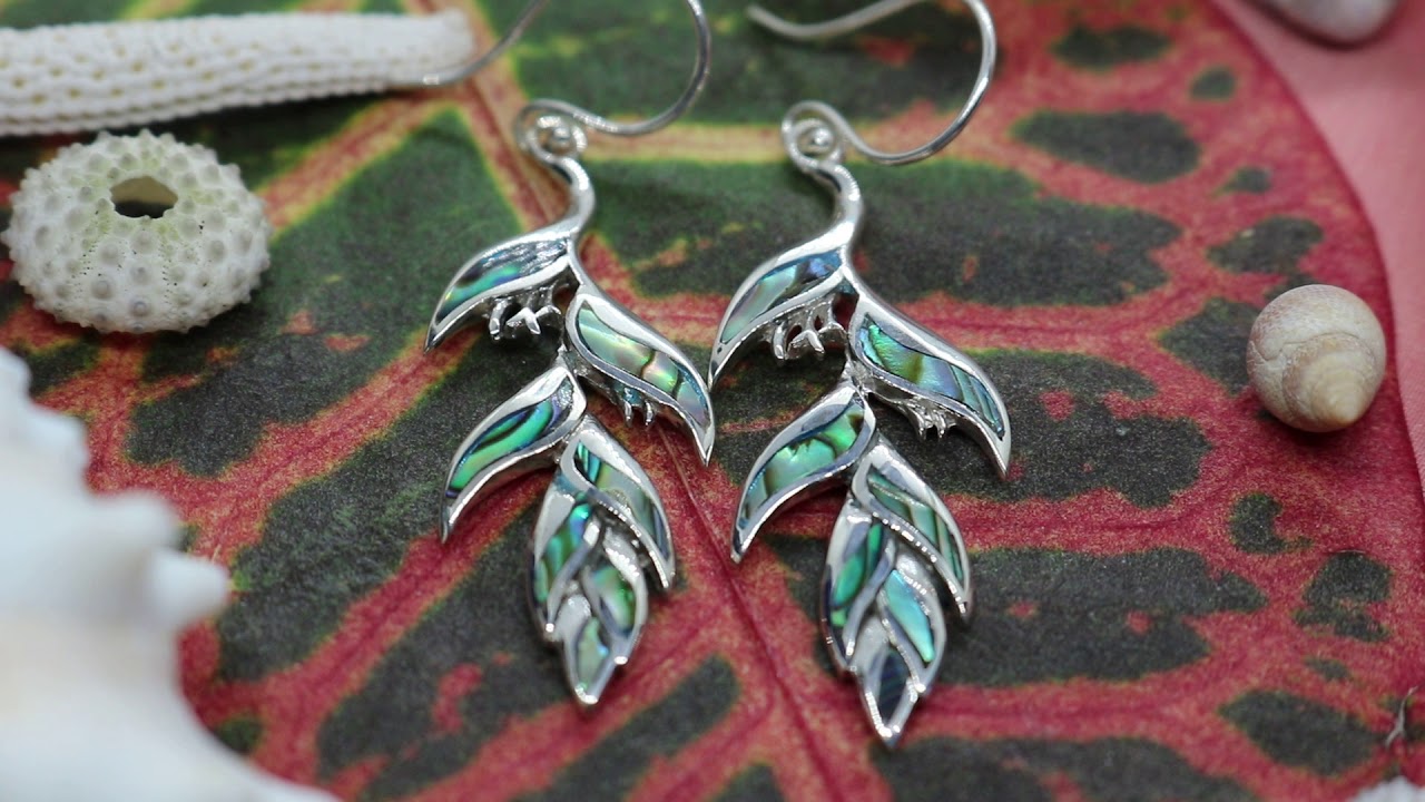 Heliconia Tropical Flower handmade earrings. Abalone shell. Sterling silver.
