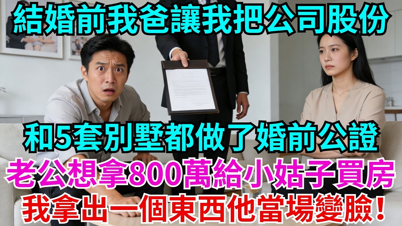 結婚前，我爸讓我把公司99%的股份和5套別墅都做了婚前公證，老公想拿800萬給小姑子買房時，我拿出一個東西，他當場變臉！#結婚#故事#情感#老公#小姑子