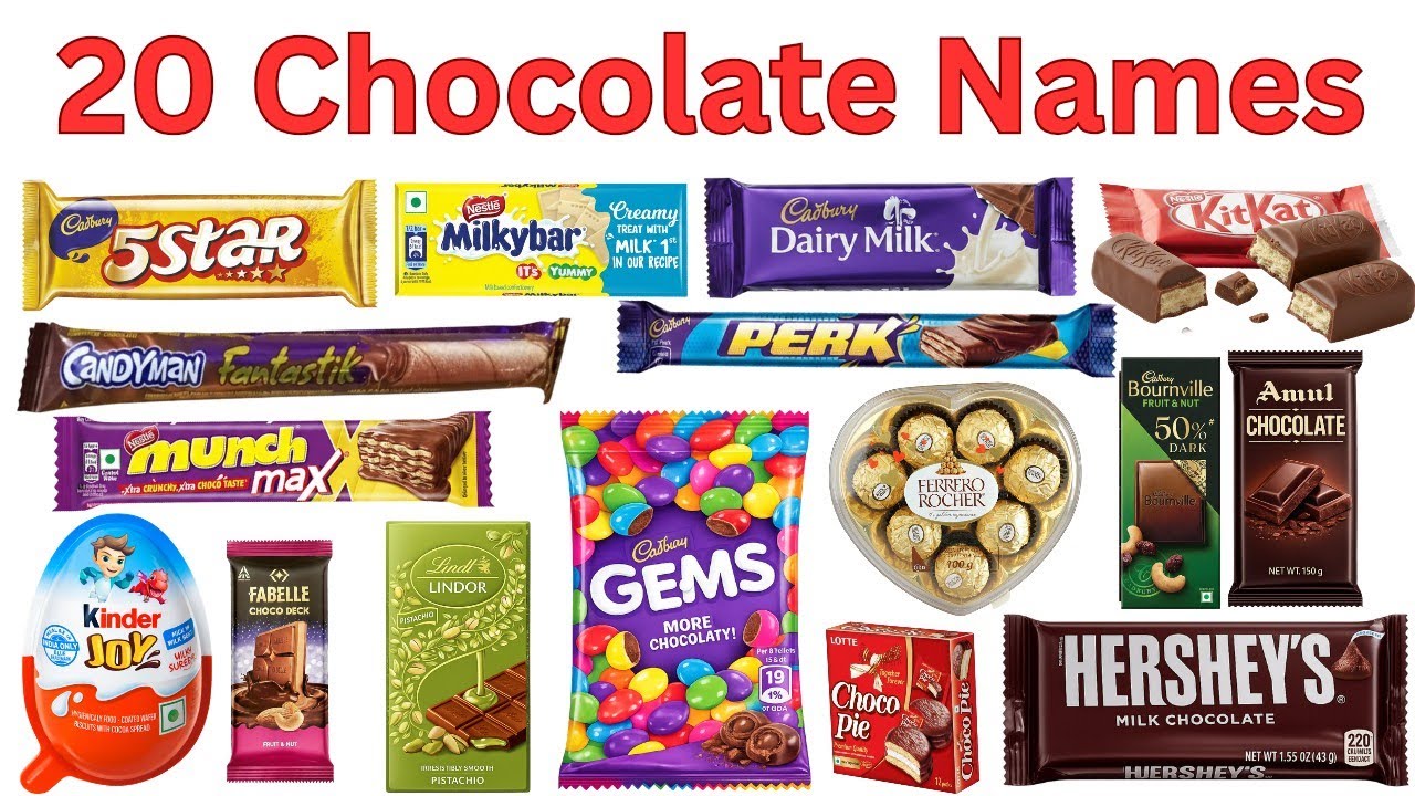 20 चॉकलेट्स के नाम बच्चों के लिए |  Learn 20 Chocolate Names For Kids With Pictures and Sound 