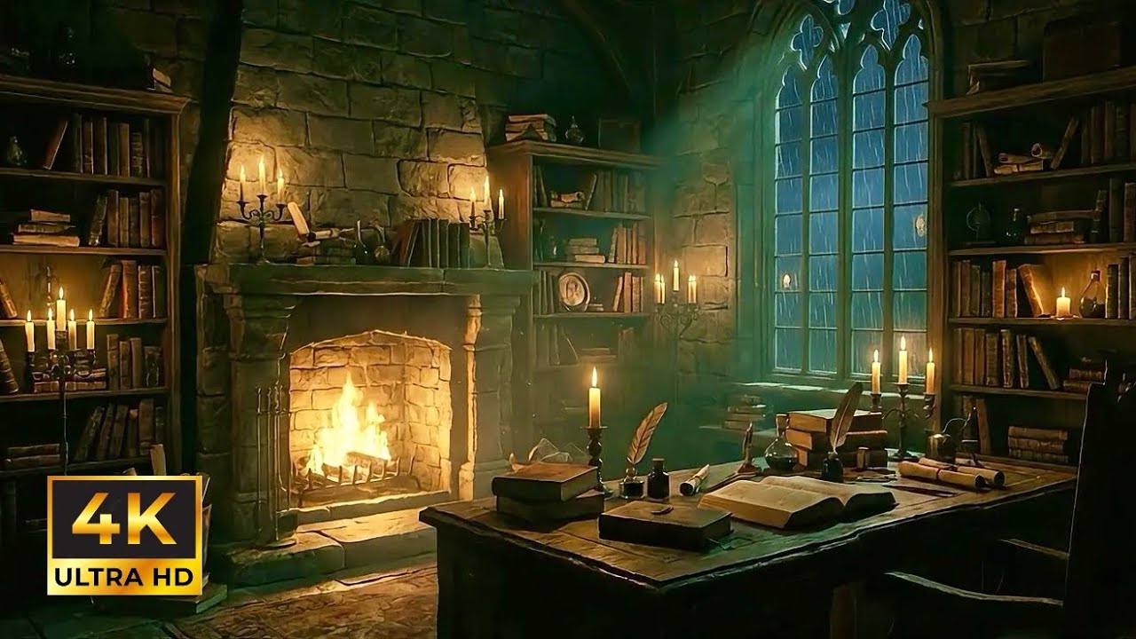Dark Academia Study Room 🔥📚 Fireplace & Thunderstorm Ambience | 4K Cozy Library Night
