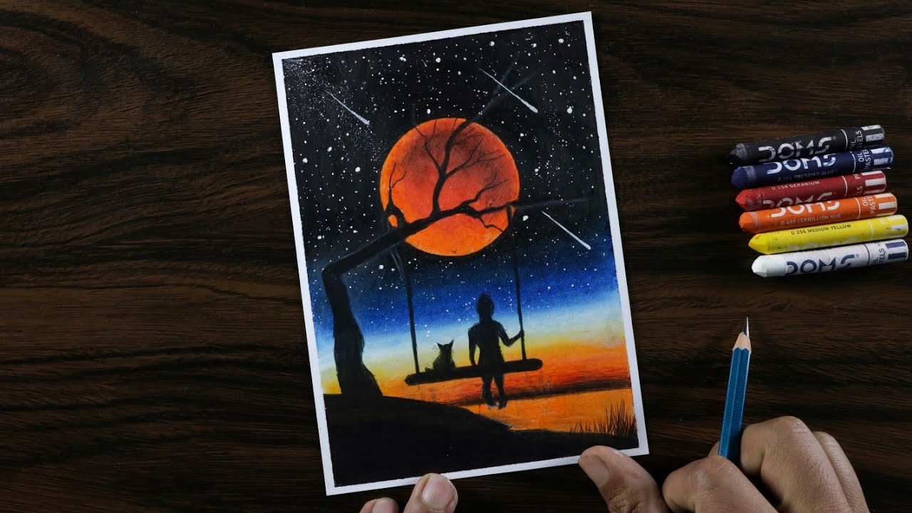 Girl and Cat on Swing Drawing with Oil Pastels - step by step