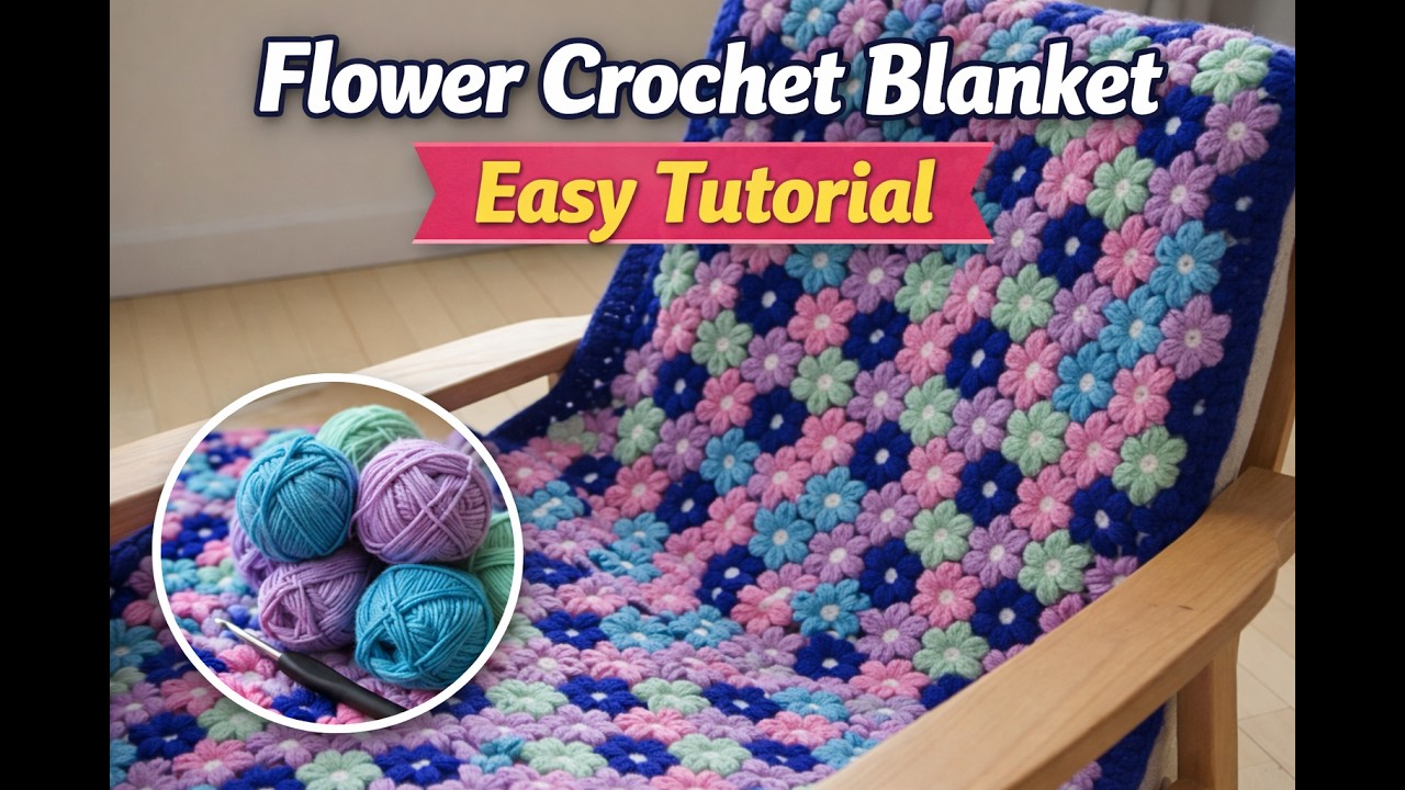 How to crochet easy puff flower blanket afghan for beginners by #marifu6a