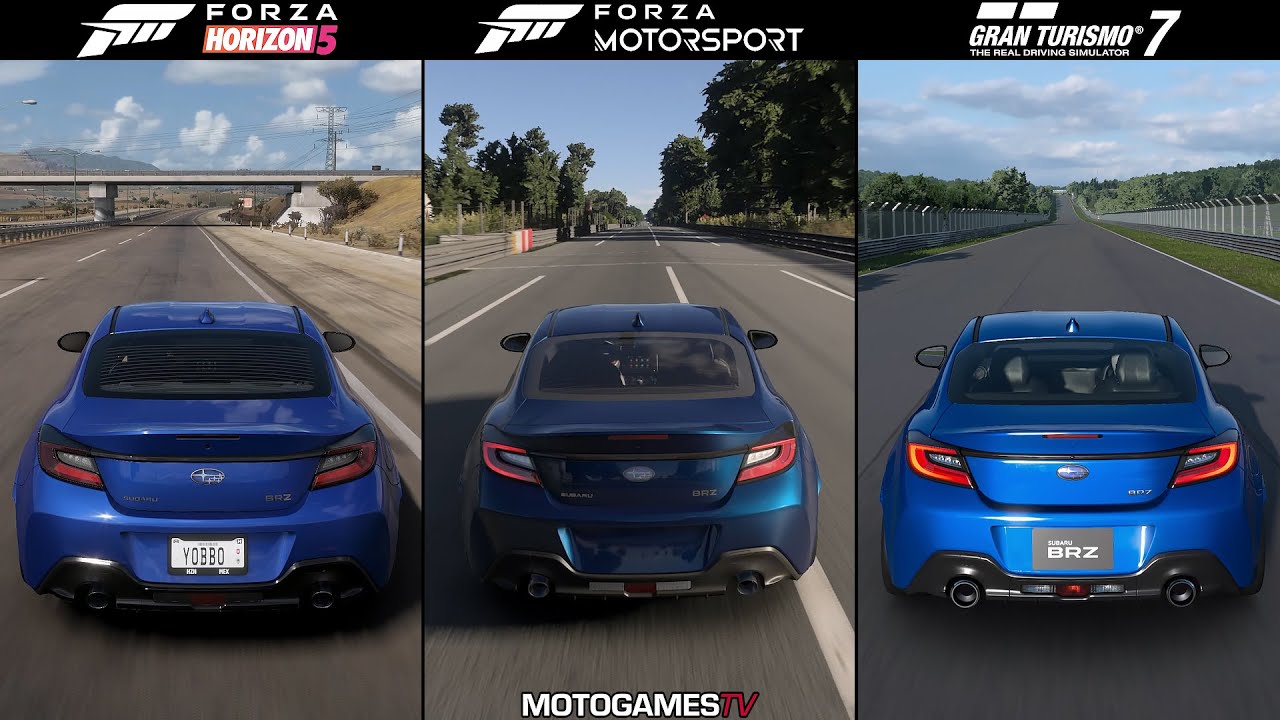 Forza Horizon 5 vs Forza Motorsport (2023) vs Gran Turismo 7 - Subaru BRZ Sound Comparison