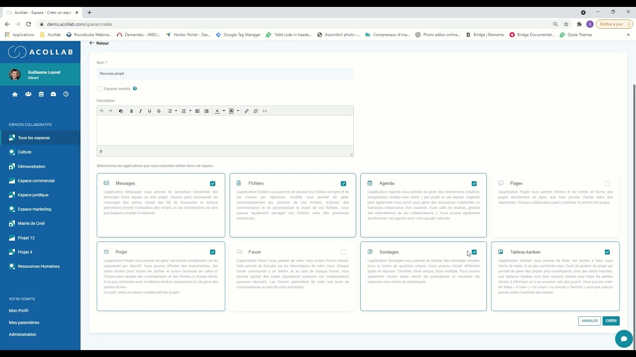 Tuto Acollab - Créer et configurer un espace de travail