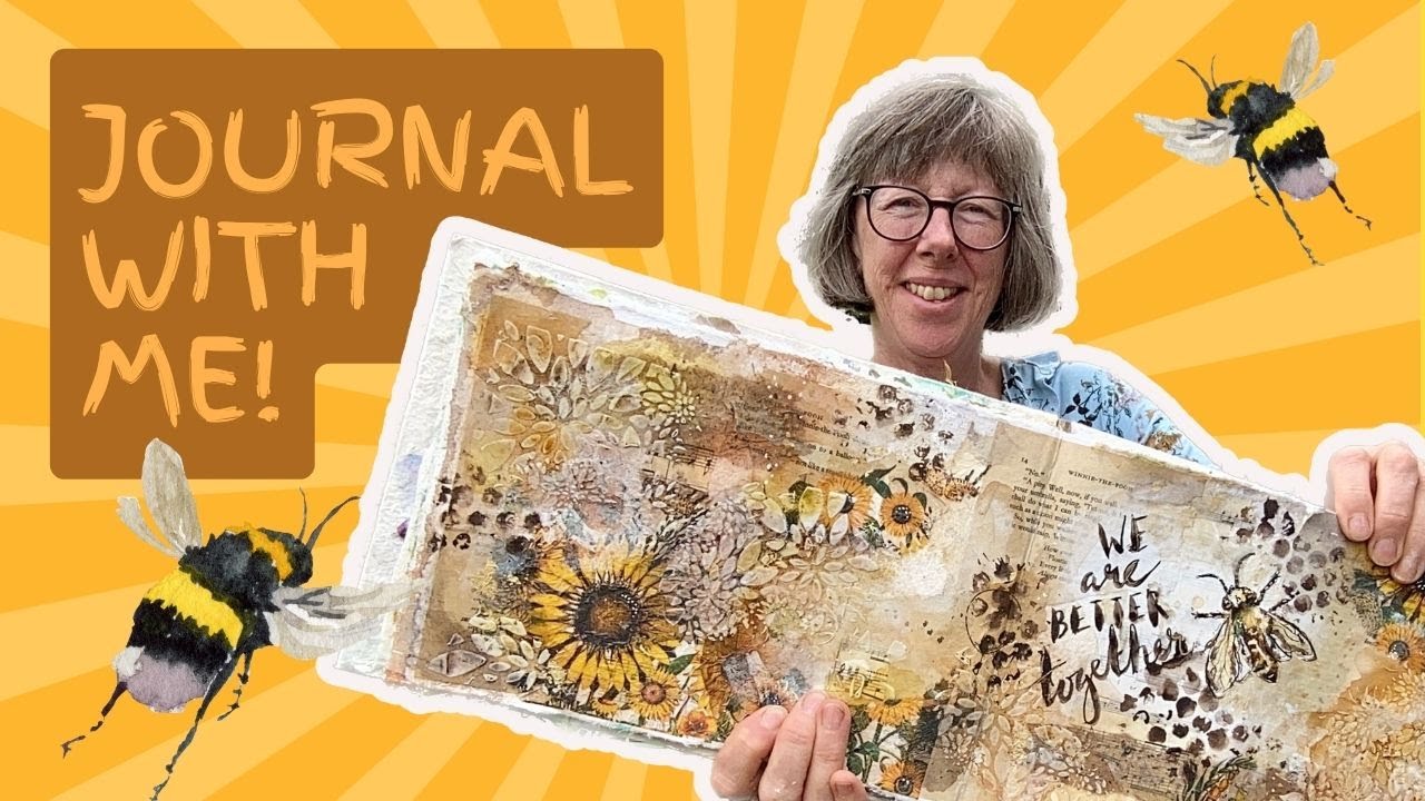 Easy art journal pages | Bees with napkins, stencils and modeling paste