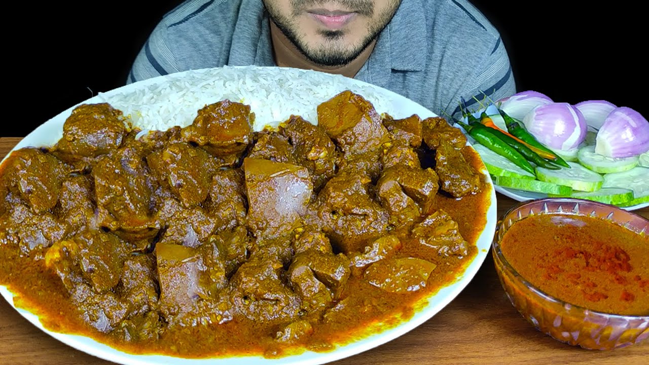 EATING MUTTON LIVER CURRY WITH BASMATI RICE, CHILI, ONION | MUKBANG EATING SHOW | EATING SOUNDS