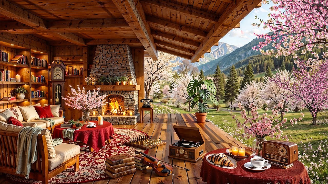 Morning Jazz Instrumental Music at Cozy Porch Cabin Ambience 🌸 Smooth Jazz with Fireplace Crackling