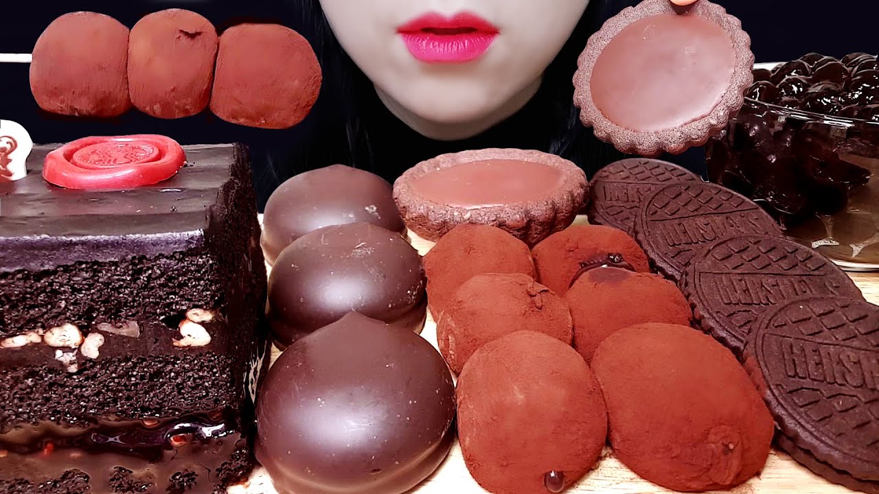 ASMR BLACK CHOCOLATE FOODS | Starbucks cake, Tart, Marshmallow cookie, Mochi, Tapioca pearl MUKBANG